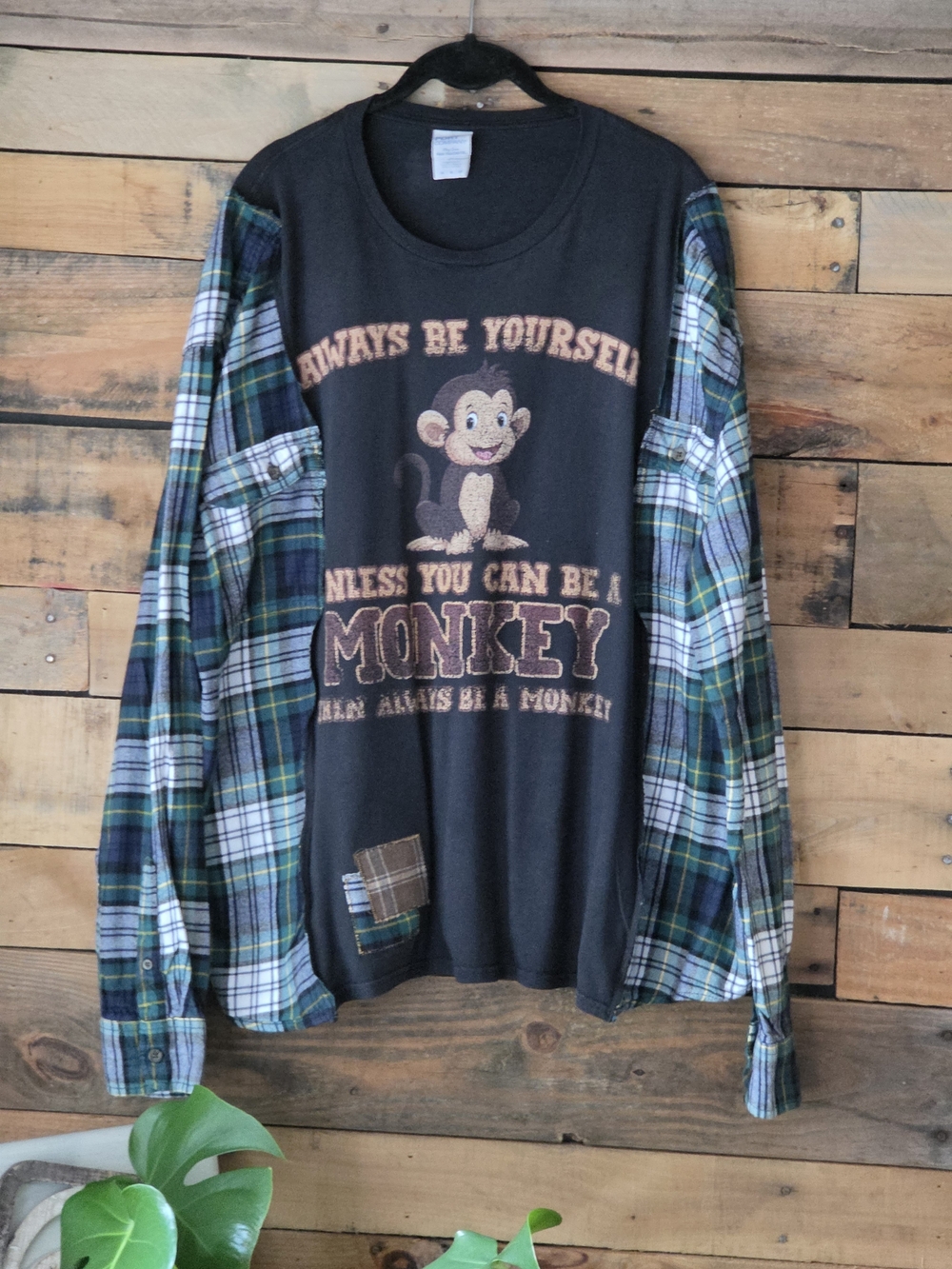 Upcycled Graphic T-shirt with Plaid Sleeves